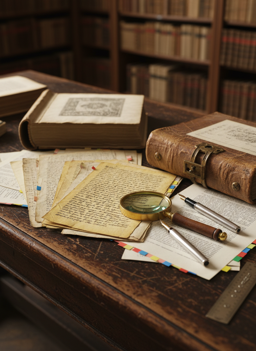 A close-up of an antique wooden table in an academic reading room, covered with a spread of primary historical sources: yellowed handwritten pages, a vellum-bound codex, and a modern scientific essay marked with color-coded tabs. A magnifying glass rests on the margin of a page, beside a fountain pen and a metal ruler. In the blurred background rise tall shelves of historical and literary studies. The scene is lit by diffused overcast light from a high window, creating soft, even illumination and subtle shadows. Photographic realism, shot from a slightly elevated angle with shallow depth of field, emphasizing textures of paper, ink, and wood, conveying meticulous scholarly research and editorial precision.